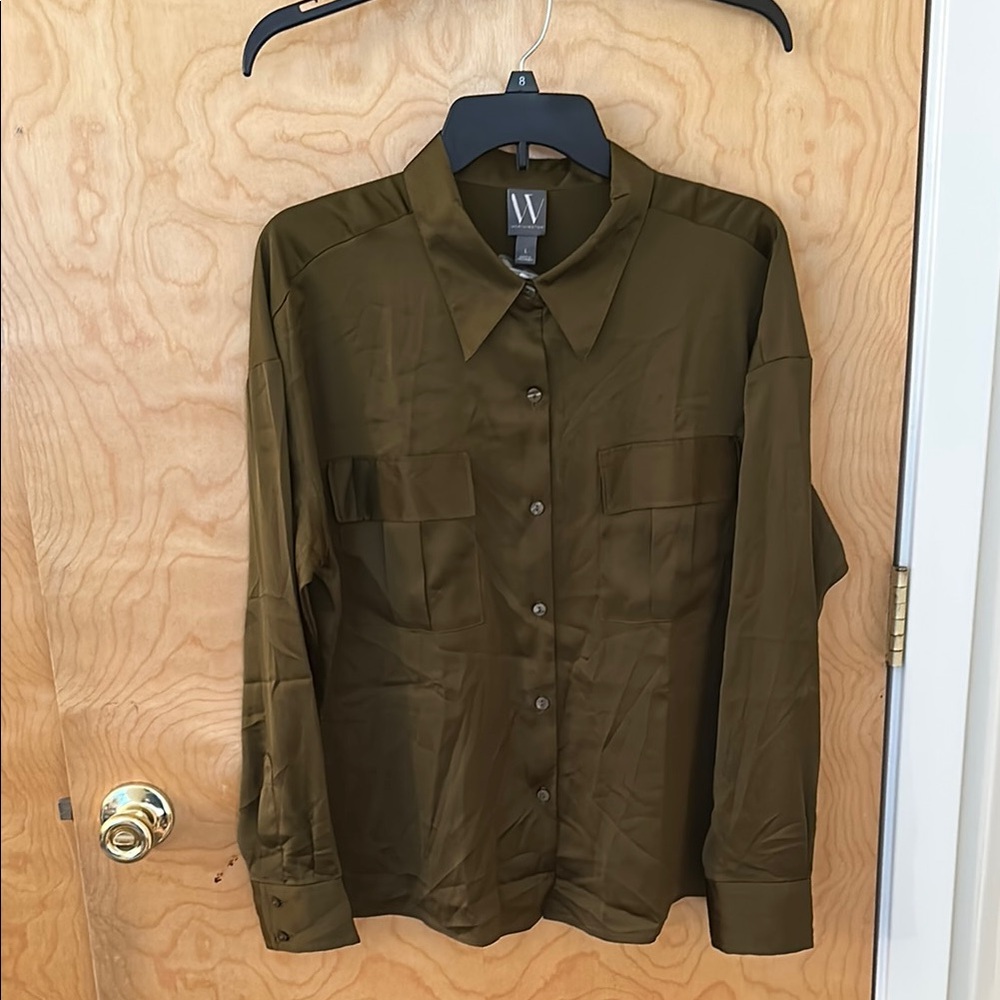 Worthington Olive Green Satin Button-Up Blouse